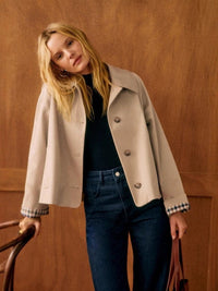 100% Polyester Cropped Swing Jacket – Women – Beige – worn