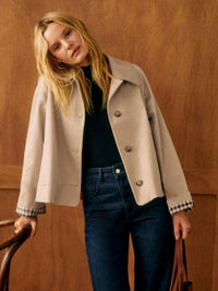 100% Polyester Cropped Swing Jacket – Women – Beige – worn
