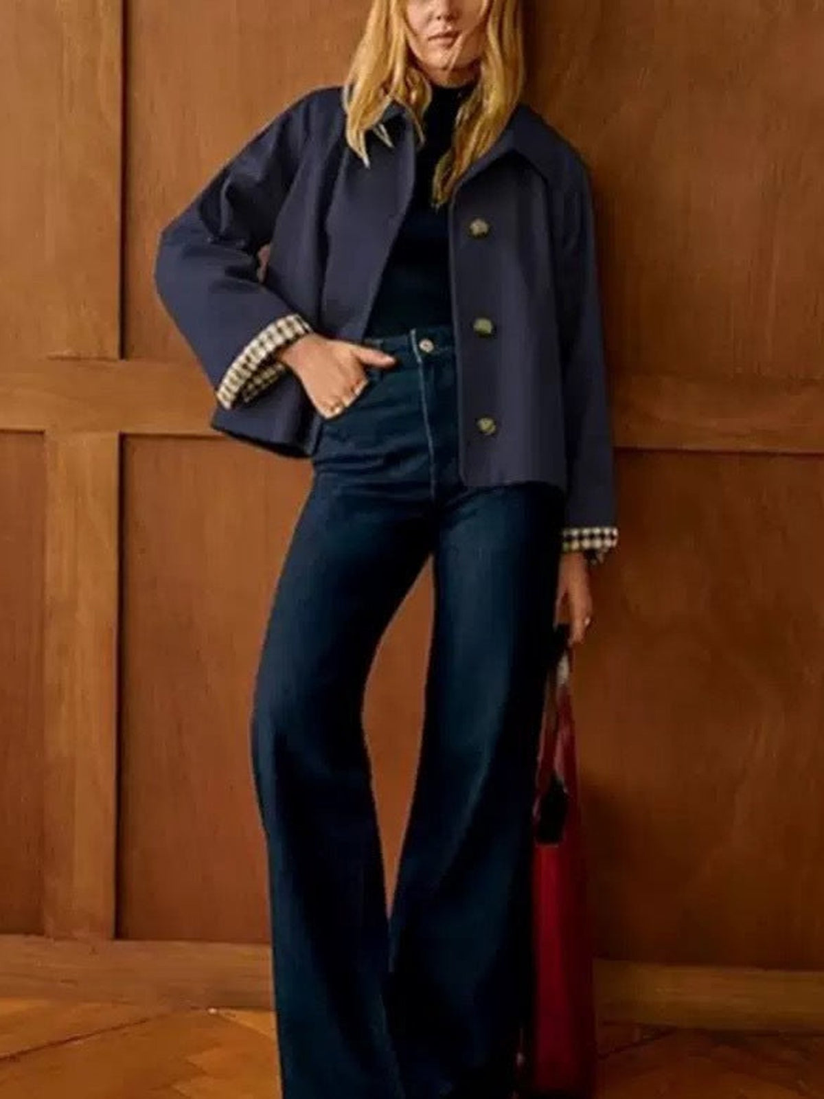 100% Polyester Cropped Swing Jacket – Women – Navy – worn