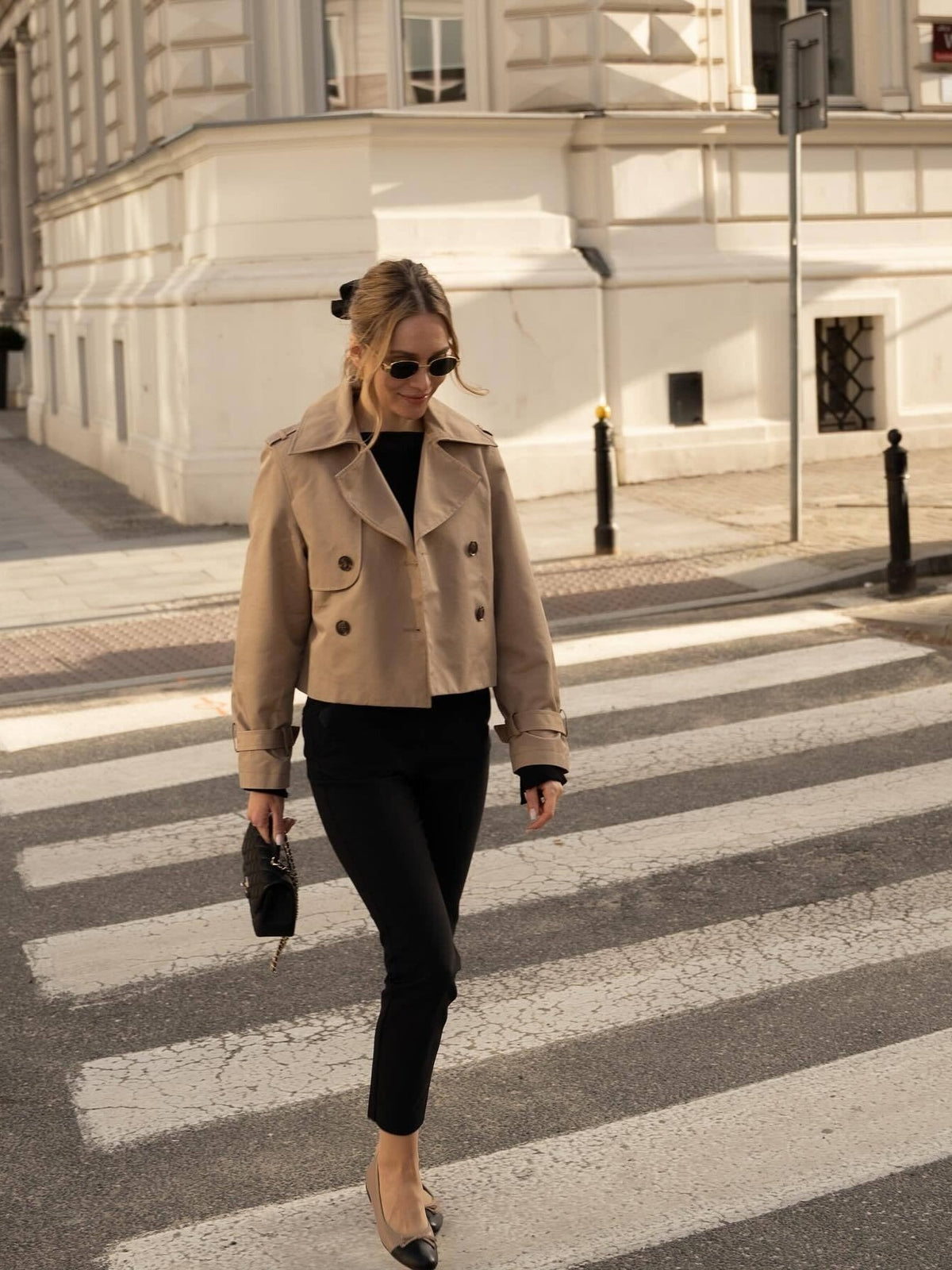 100% Polyester Cropped Trench Jacket – Women – Beige – worn