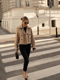 100% Polyester Cropped Trench Jacket – Women – Beige – worn
