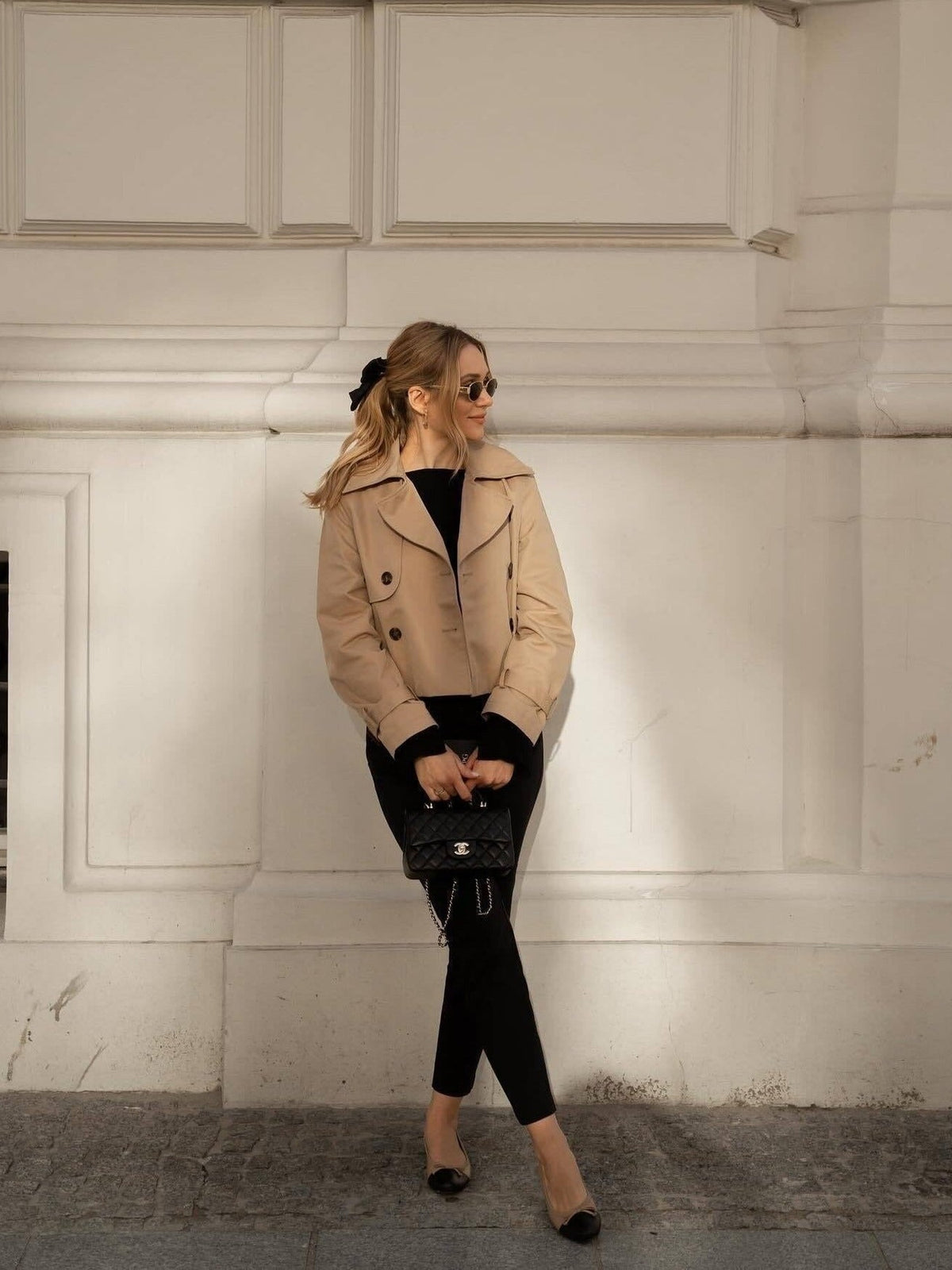 100% Polyester Cropped Trench Jacket – Women – Beige – worn