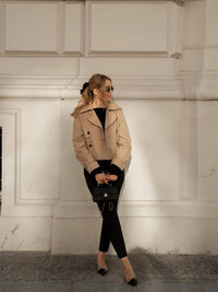100% Polyester Cropped Trench Jacket – Women – Beige – worn