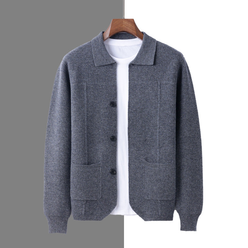 100% Wool Knit Shirt-Collar Cardigan – Men – Grey – front