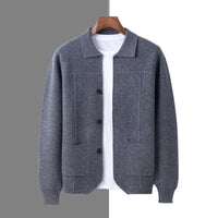 100% Wool Knit Shirt-Collar Cardigan – Men – Grey – front