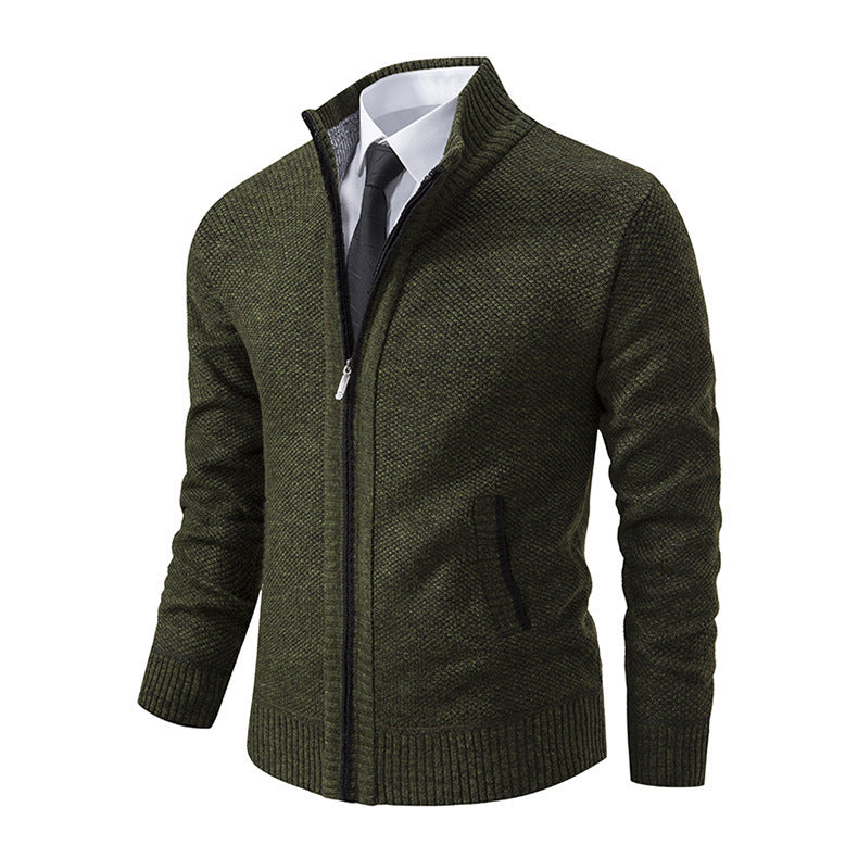 Marled Knit Zip Cardigan, Stand Collar – Men – Charcoal – front