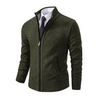 Marled Knit Zip Cardigan, Stand Collar – Men – Charcoal – front