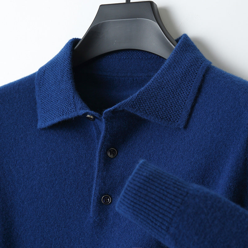 96–99% Wool Knit Polo Sweater, Long Sleeve – Men – Navy – collar