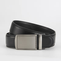 Leather Ratchet Belt, Slim Buckle – Men – Black · Silver Plate Buckle – front