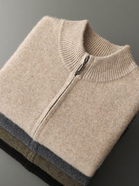 Full-Zip Knit Cardigan, Stand Collar – Men – Beige – folded collar detail