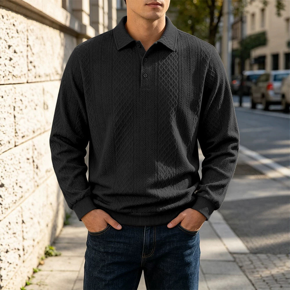 Diamond Jacquard Knit Polo, Long Sleeve – Men – Black – worn