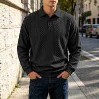 Diamond Jacquard Knit Polo, Long Sleeve – Men – Black – worn