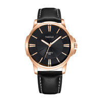 Minimalist Dress Watch, Leather Strap – Men – Gold · Black Dial · Black Strap – front