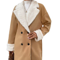 Double-Breasted Coat with Teddy Collar – Women – Camel – front