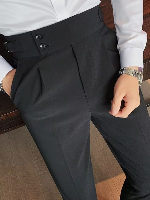 High-Waist Pleated Trousers, Double-Button Waist – Men – Black – pleat detail