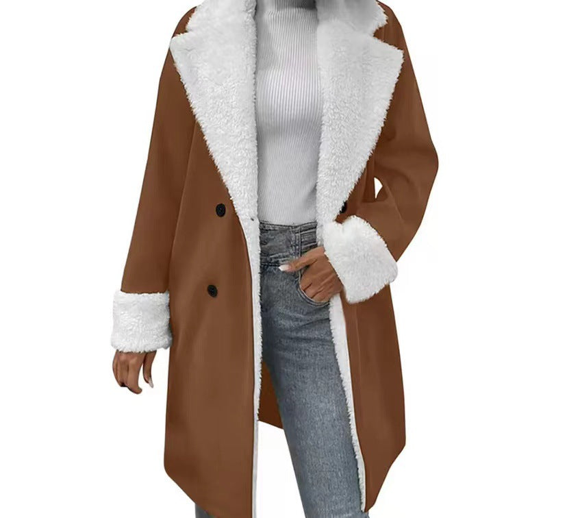 Double-Breasted Coat with Teddy Collar – Women – Brown – worn