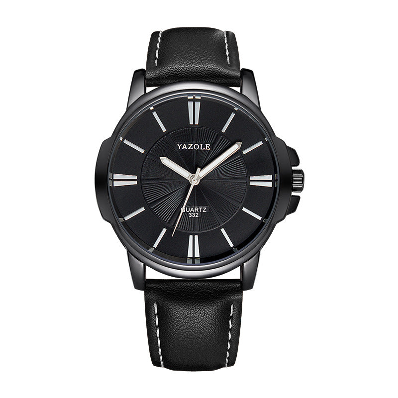 Minimalist Dress Watch, Leather Strap – Men – Black · Black Dial · Black Strap – front