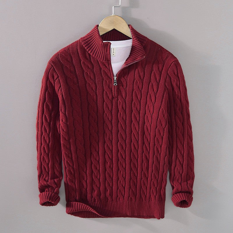 Cable Knit Quarter-Zip Sweater – Men – Burgundy – front