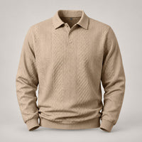 Diamond Jacquard Knit Polo, Long Sleeve – Men – Beige – front