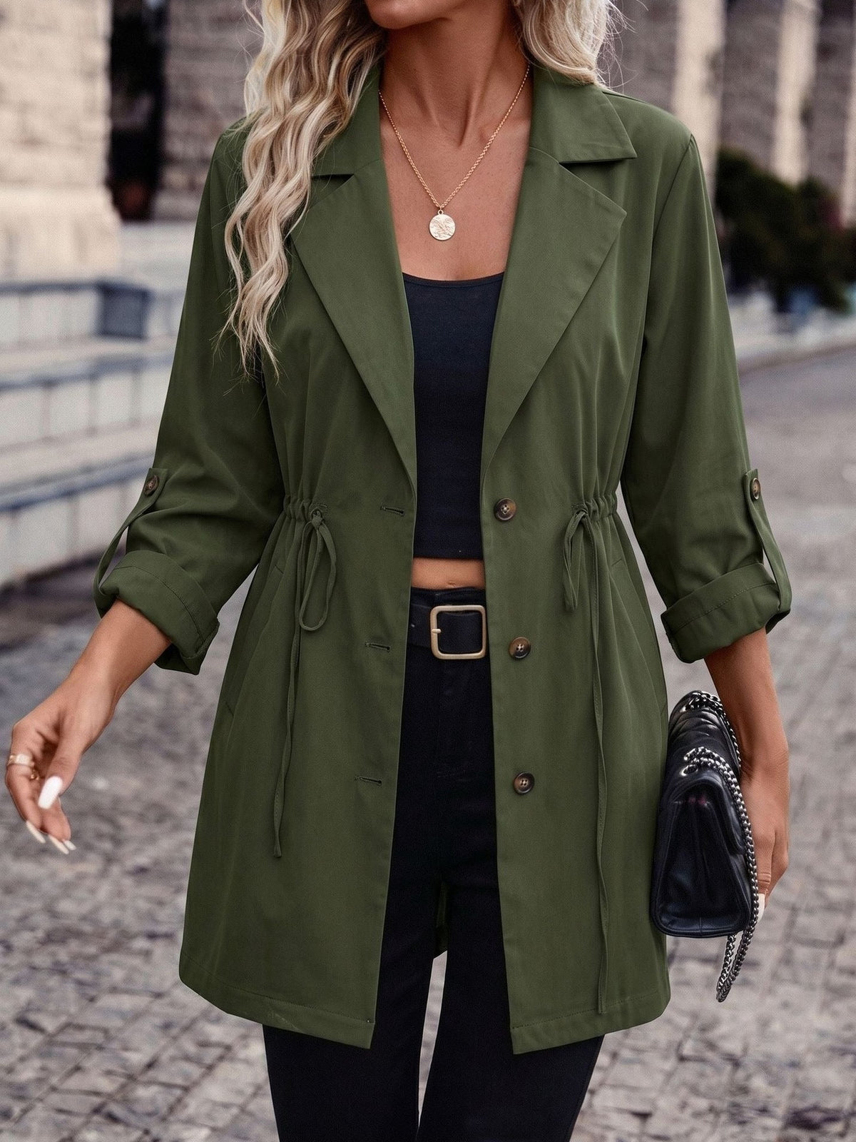 95% Polyester Drawstring Trench Jacket – Women – Olive – worn