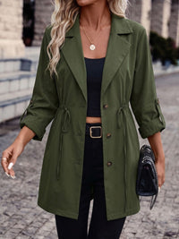 95% Polyester Drawstring Trench Jacket – Women – Olive – worn