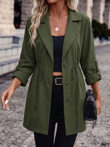 95% Polyester Drawstring Trench Jacket – Women – Olive – worn