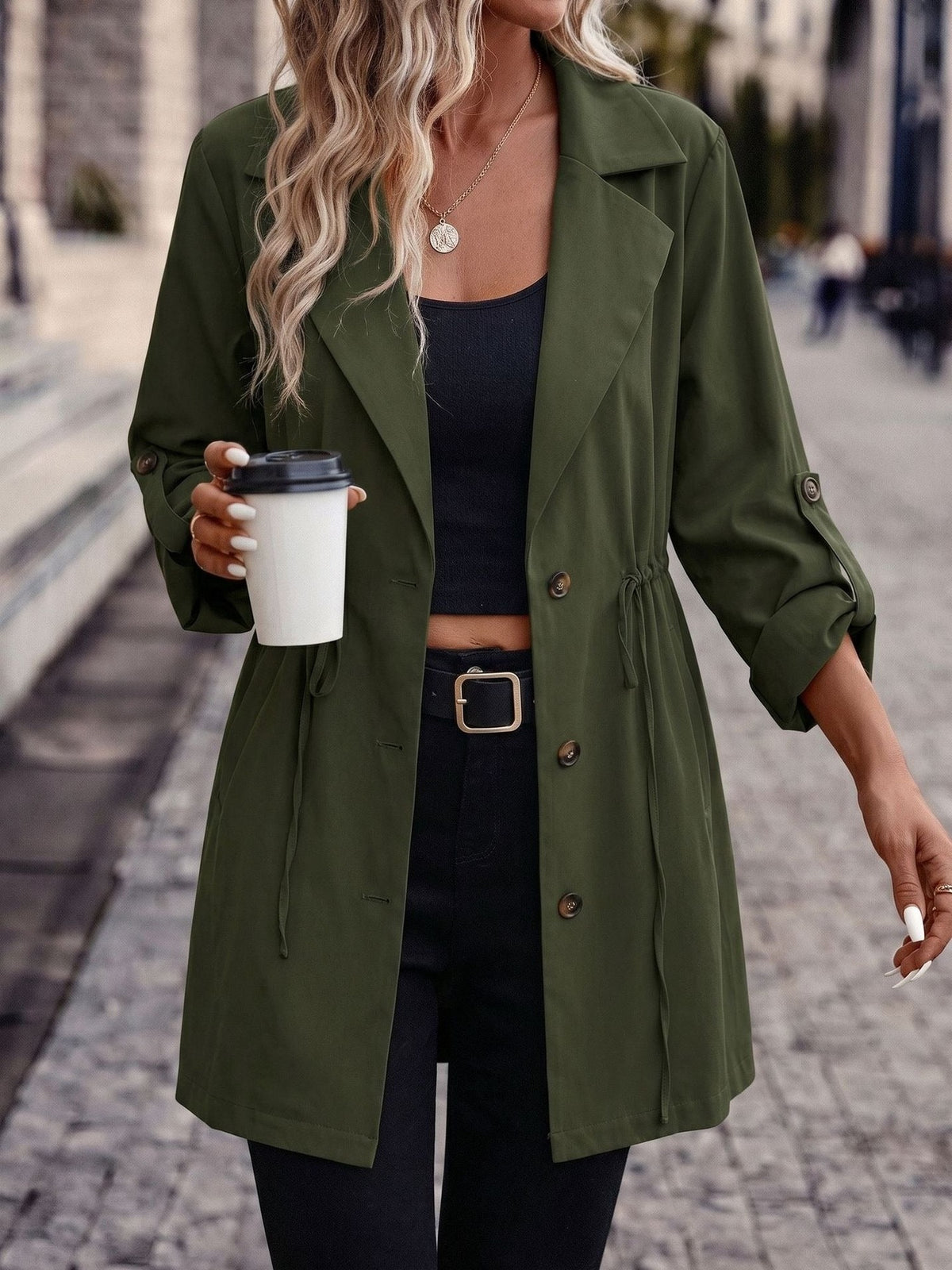 95% Polyester Drawstring Trench Jacket – Women – Olive – worn