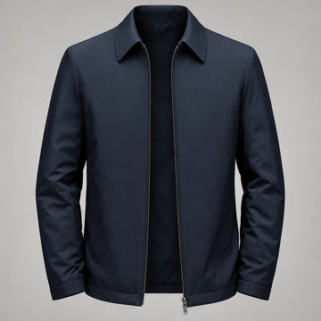 Duck Down Zip Jacket, Point Collar – Men – Navy – worn, front