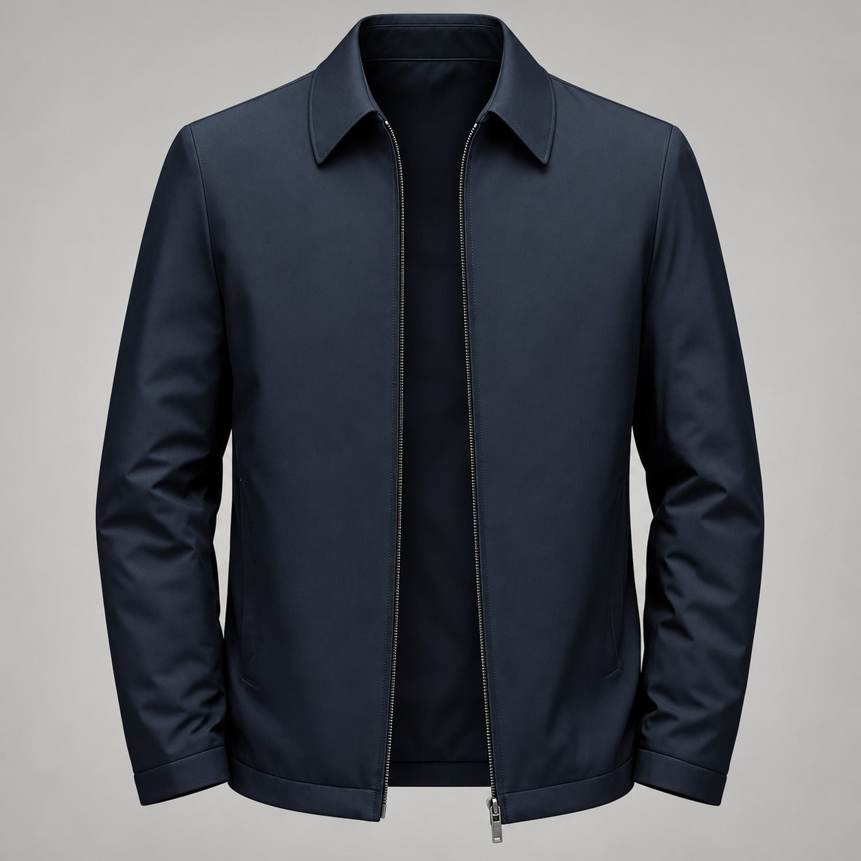 Duck Down Zip Jacket, Point Collar – Men – Navy – worn, front