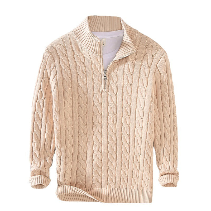 Cable Knit Quarter-Zip Sweater – Men – Beige – front on white