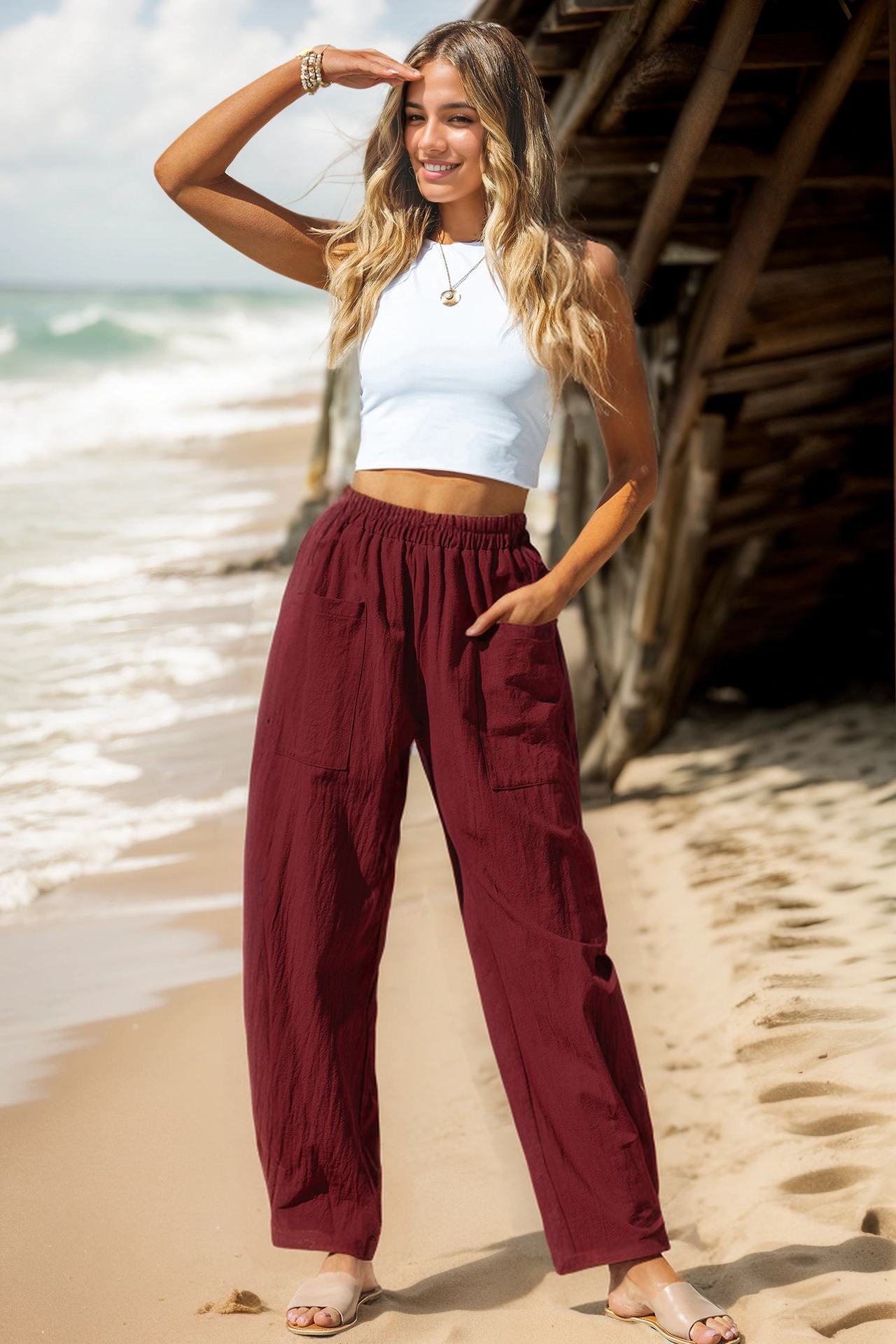 100% Polyester Elastic-Waist Relaxed Trousers – Women – Burgundy – worn