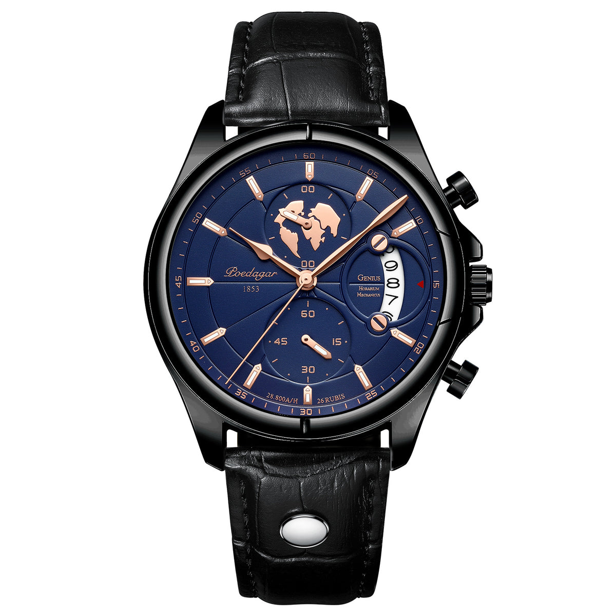 Chronograph Watch, Sapphire Glass, Leather or Steel – Men – Black · Blue Dial · Black Leather – front