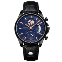 Chronograph Watch, Sapphire Glass, Leather or Steel – Men – Black · Blue Dial · Black Leather – front