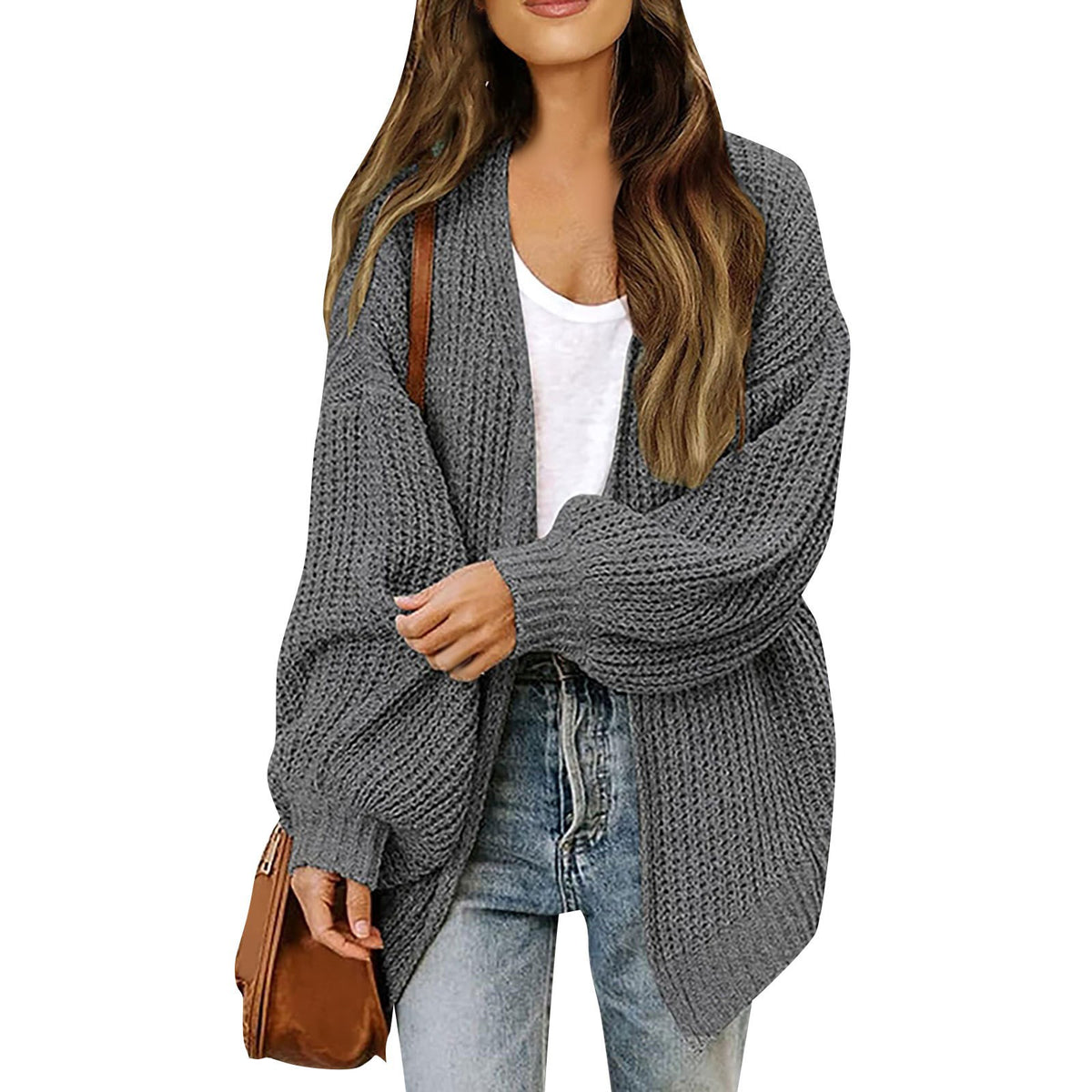 Chunky Knit Open Cardigan with Balloon Sleeves – Women – Charcoal – worn