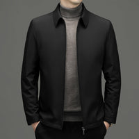 Duck Down Zip Jacket, Point Collar – Men – Black – worn, front