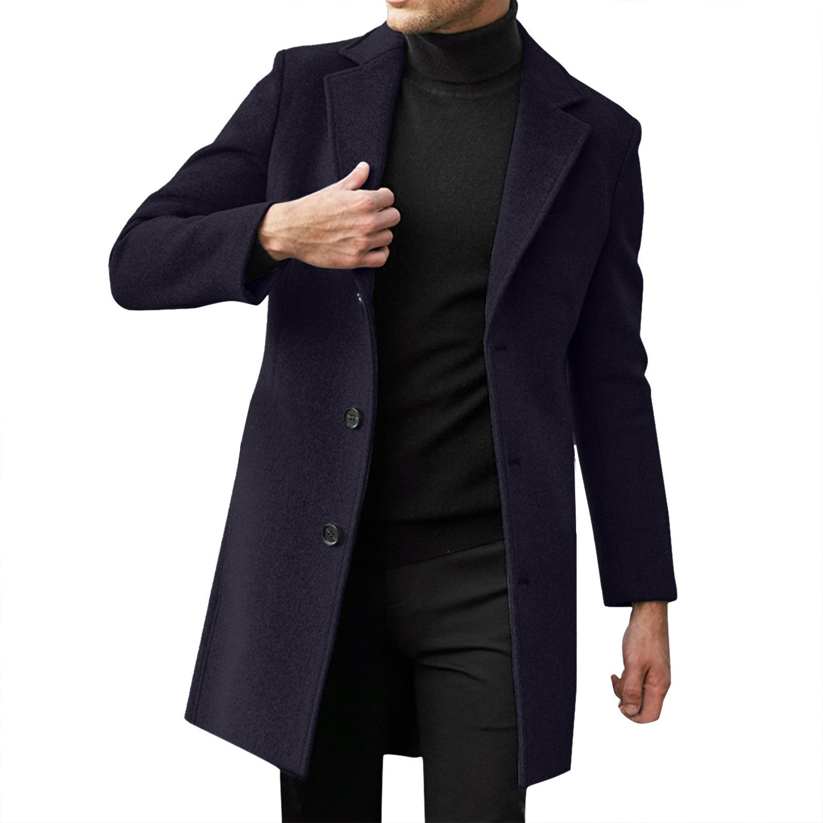 Single-Breasted Mid-Length Coat, Wool-Look – Men – Navy – front