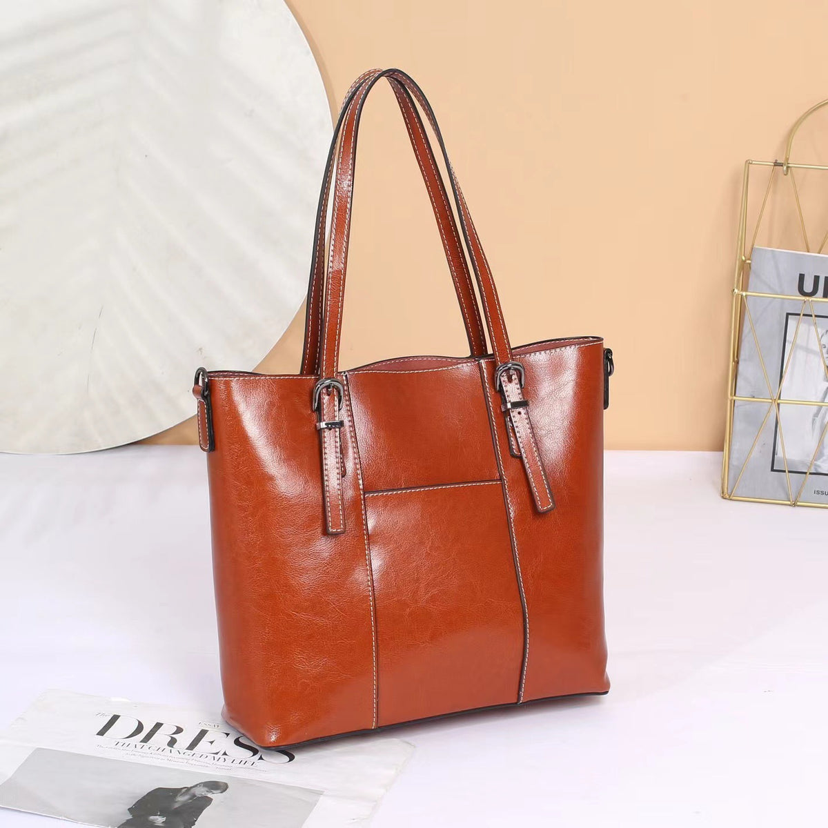 Genuine Leather Tote Bag – Women – Tan – front