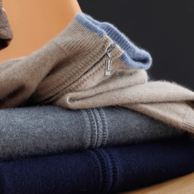 Tipped Stand-Collar Zip Cardigan – Men – Camel – folded, three colours