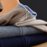 Tipped Stand-Collar Zip Cardigan – Men – Camel – folded, three colours
