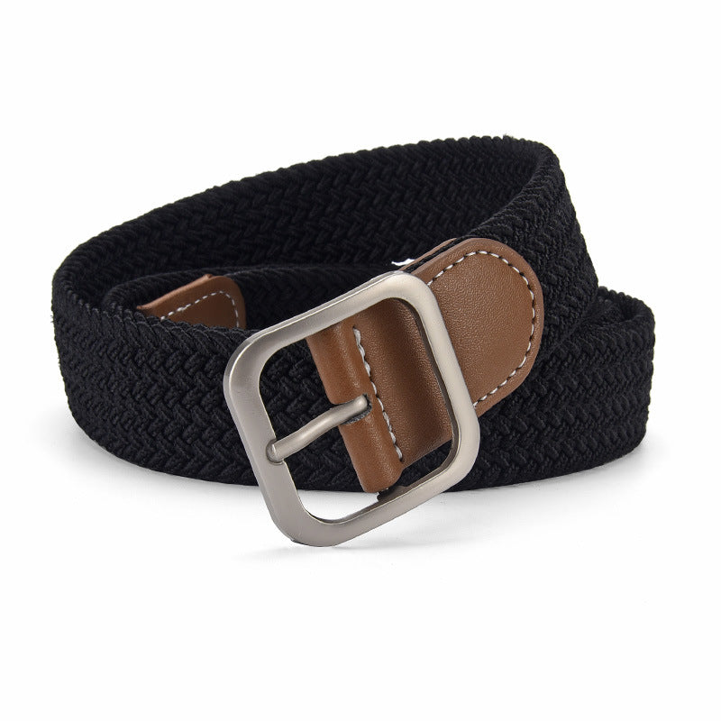 Woven Stretch Belt with Leather-Look Tab – Men – Black · Brown Tab – front