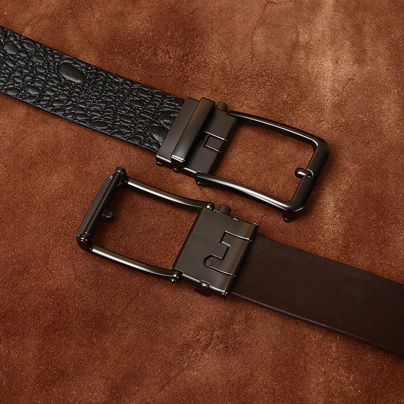 Croc-Embossed Leather Belt, Pin Buckle – Men – Brown – buckle detail