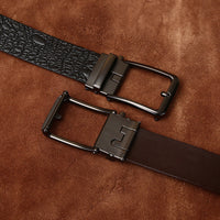 Croc-Embossed Leather Belt, Pin Buckle – Men – Brown – buckle detail