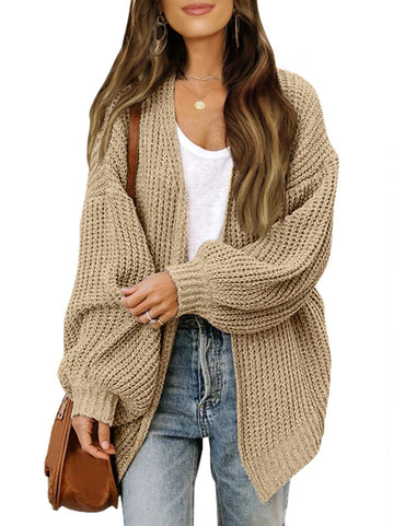 Chunky Knit Open Cardigan with Balloon Sleeves – Women – Camel – worn