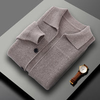 100% Wool Knit Shirt-Collar Cardigan – Men – Stone – folded