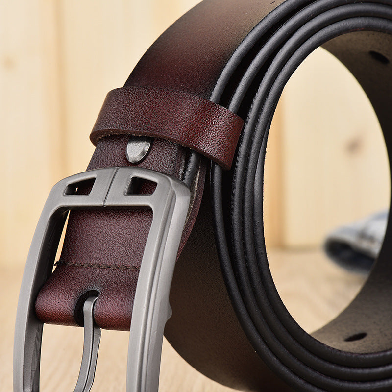 Wide Leather Belt, Brushed Buckle – Men – Brown · Rounded Buckle – keeper