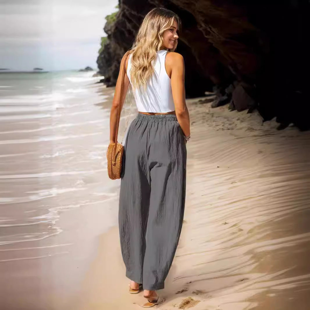 100% Polyester Elastic-Waist Relaxed Trousers – Women – Grey – back