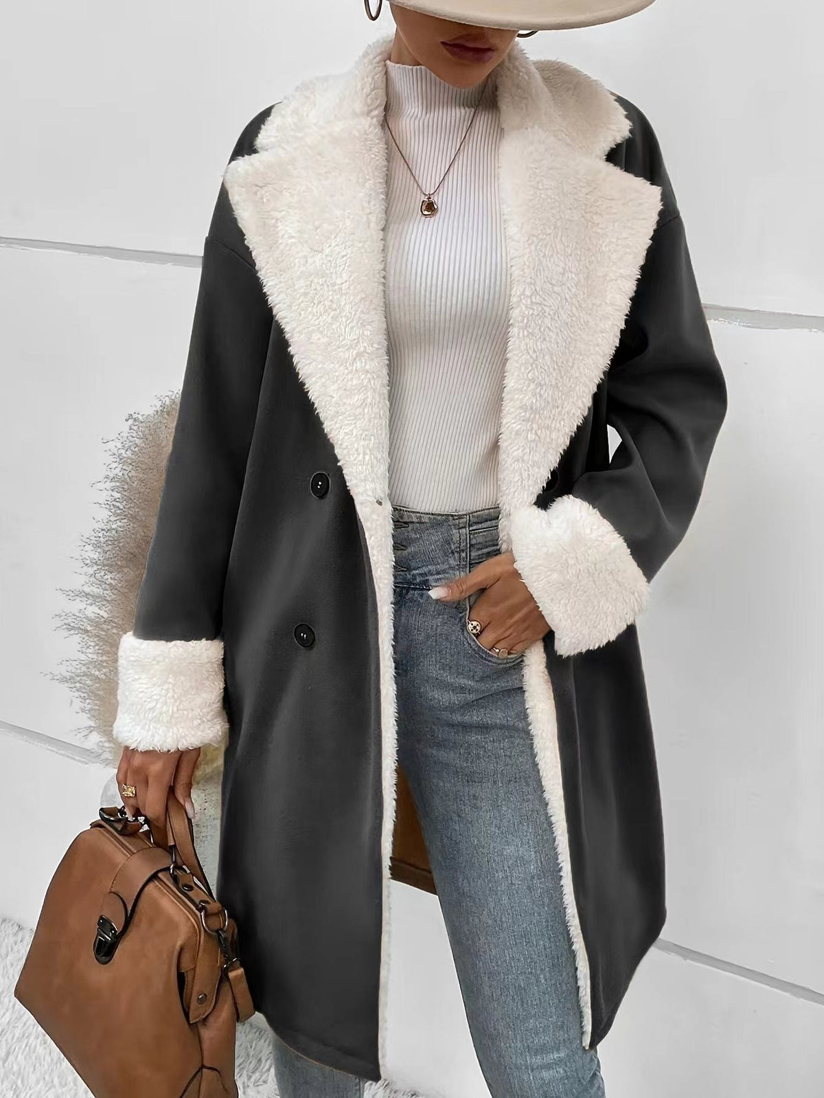 Double-Breasted Coat with Teddy Collar – Women – Charcoal – worn