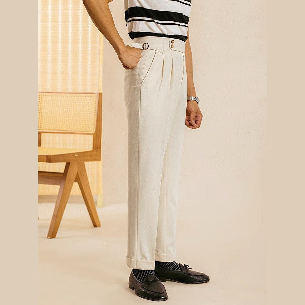 The Suede Hour — Old Money Autumn Look – cream high-waist pleated trousers worn