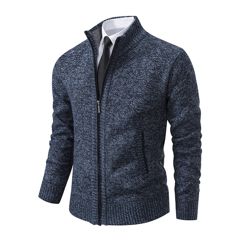 Marled Knit Zip Cardigan, Stand Collar – Men – Grey – front