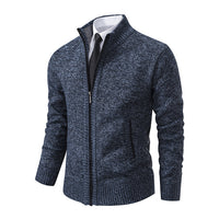 Marled Knit Zip Cardigan, Stand Collar – Men – Grey – front